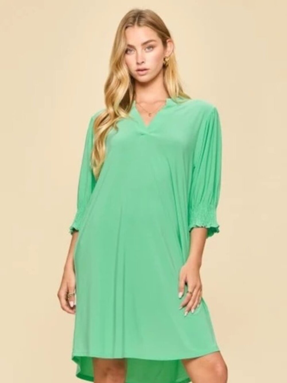 Dear Scarlett Smocked Sleeve Green Lizzy V Neck Dress Pockets Sz S-L New NWT